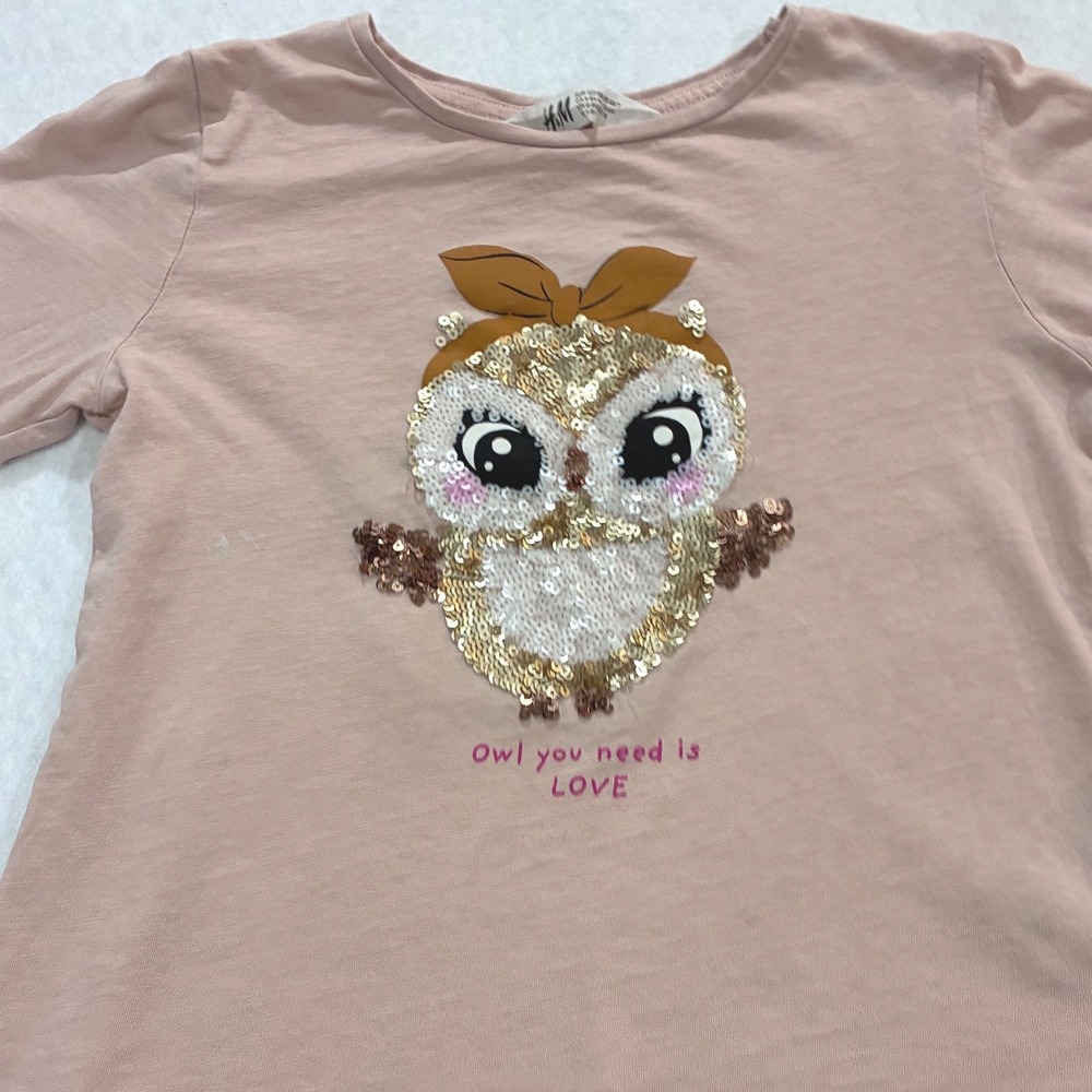 H&M Girls Owl Sequin Long Sleeve Cotton Top Pink Cute Casual‎ Size 6X/7 - Picture 2 of 8